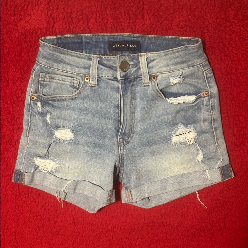 Aeropostale Light Wash Distressed Rolled Hem Denim Shorts